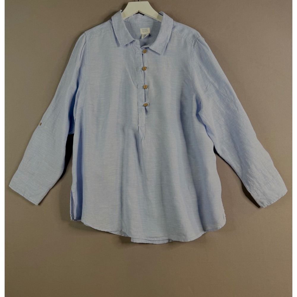 Sigrid Olsen Linen Tunic Women 1X Blue Roll Tab Sleeve Coastal Lagenlook Minimal